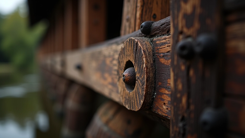 Seno Punios tilto medžio sija, išsami smulkmeninė detalė, rankų apdirbimas, artimas kadras