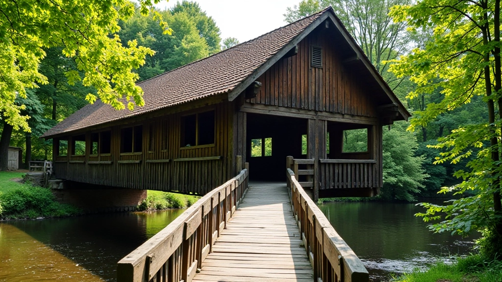 Seno tilto detalės – medinės sijos ir architektūriniai elementai
