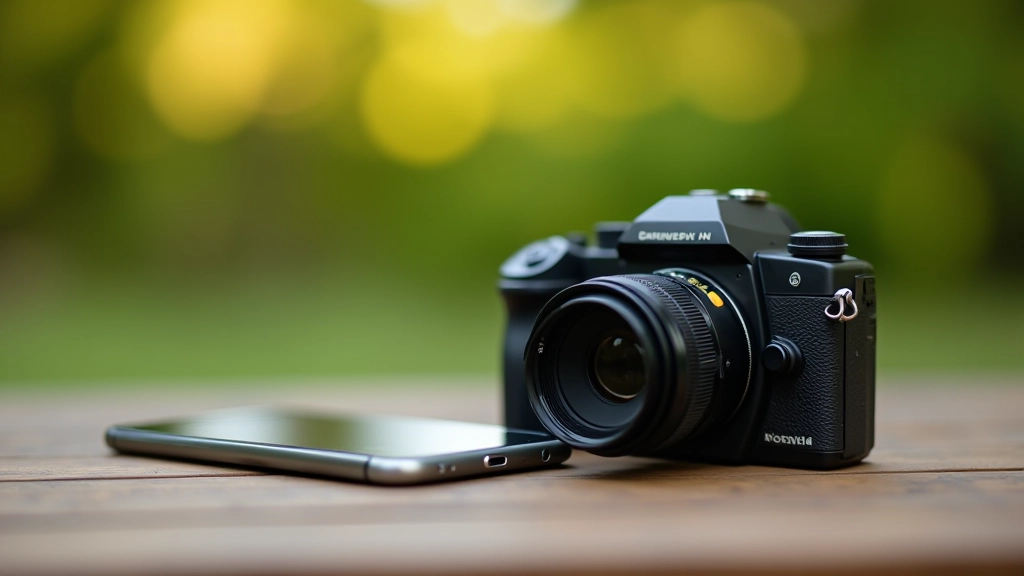 Šiuolaikinis fotoaparatas ir smart telefonas ant medienos paviršiaus, gamtinė šviesa, jų nuotrauke mažas tiltas, fotografo darbo vieta