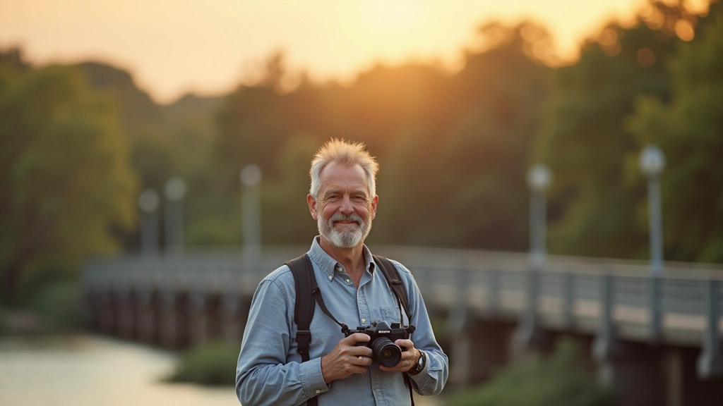 Fotografas su fotoaparatu stovi Nemuno pakrantėje, aukštas žaliuojantis tiltas fone, šilta saulės šviesa, portretas iš krūtinės