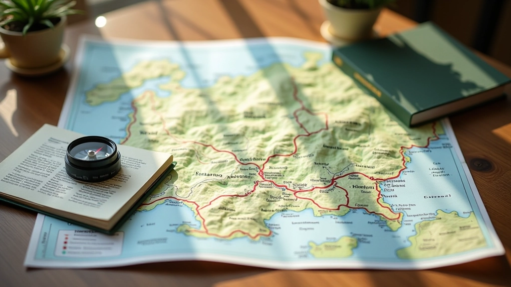 Topografinis žemėlapis su maršrutais, turistinis vadovas ir kompasas ant stalo, natūrali šviesa